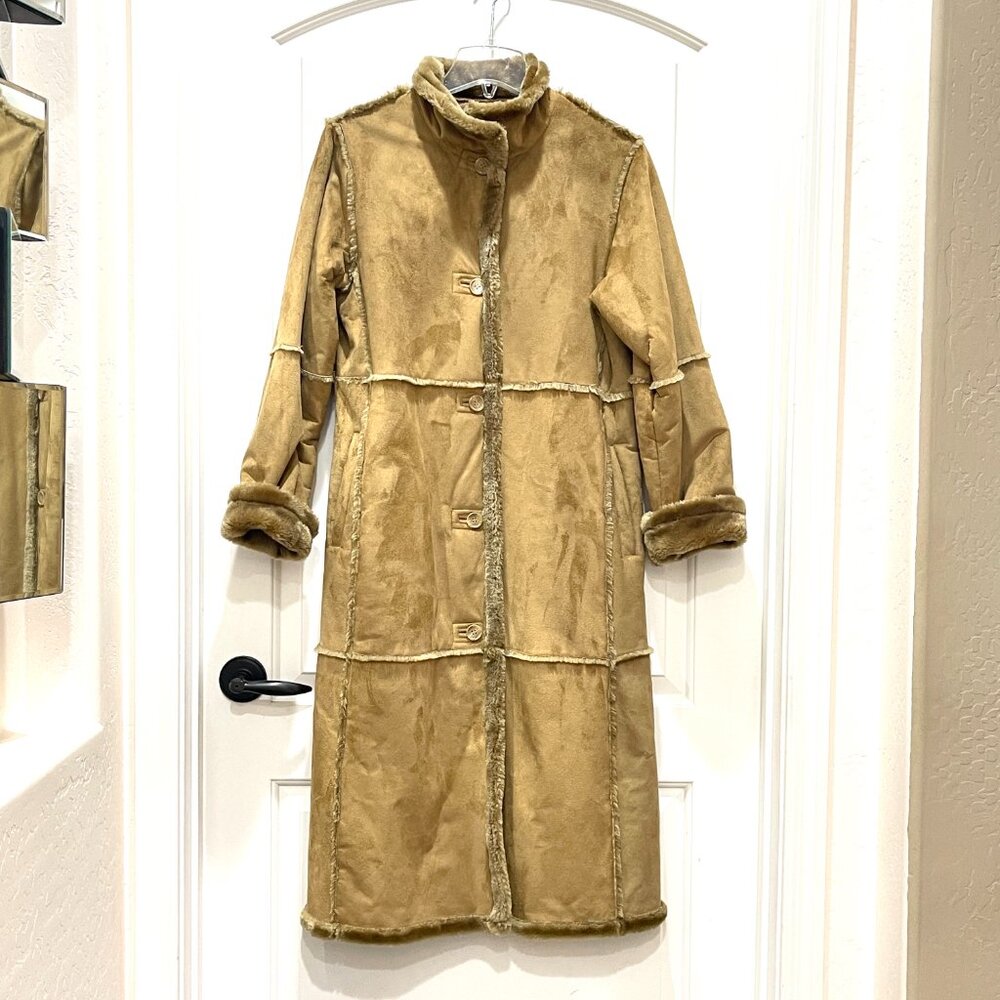 New St. John's Bay Tan Brown Vegan Faux Suede Fur Long Coat PS Petite Small
